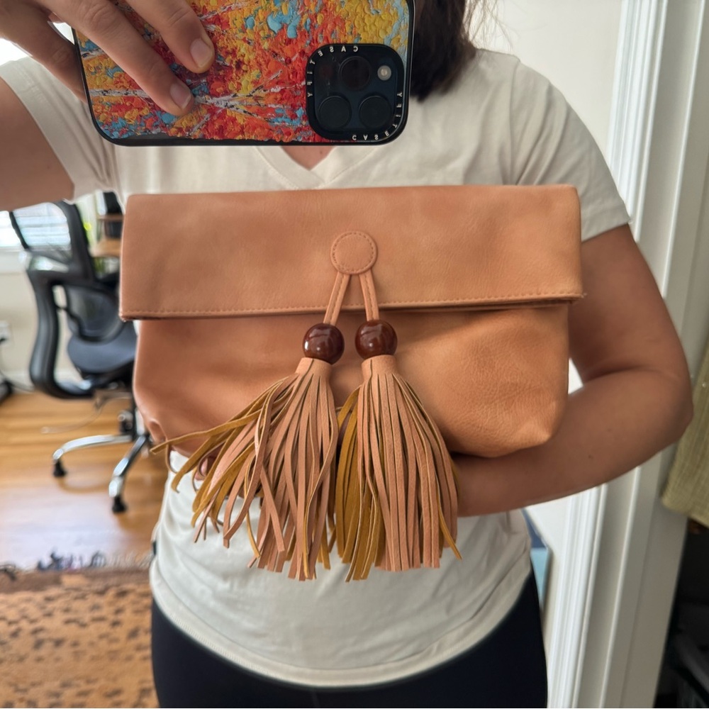 Urban Outfitters Tan Clutch with Tassel Accents